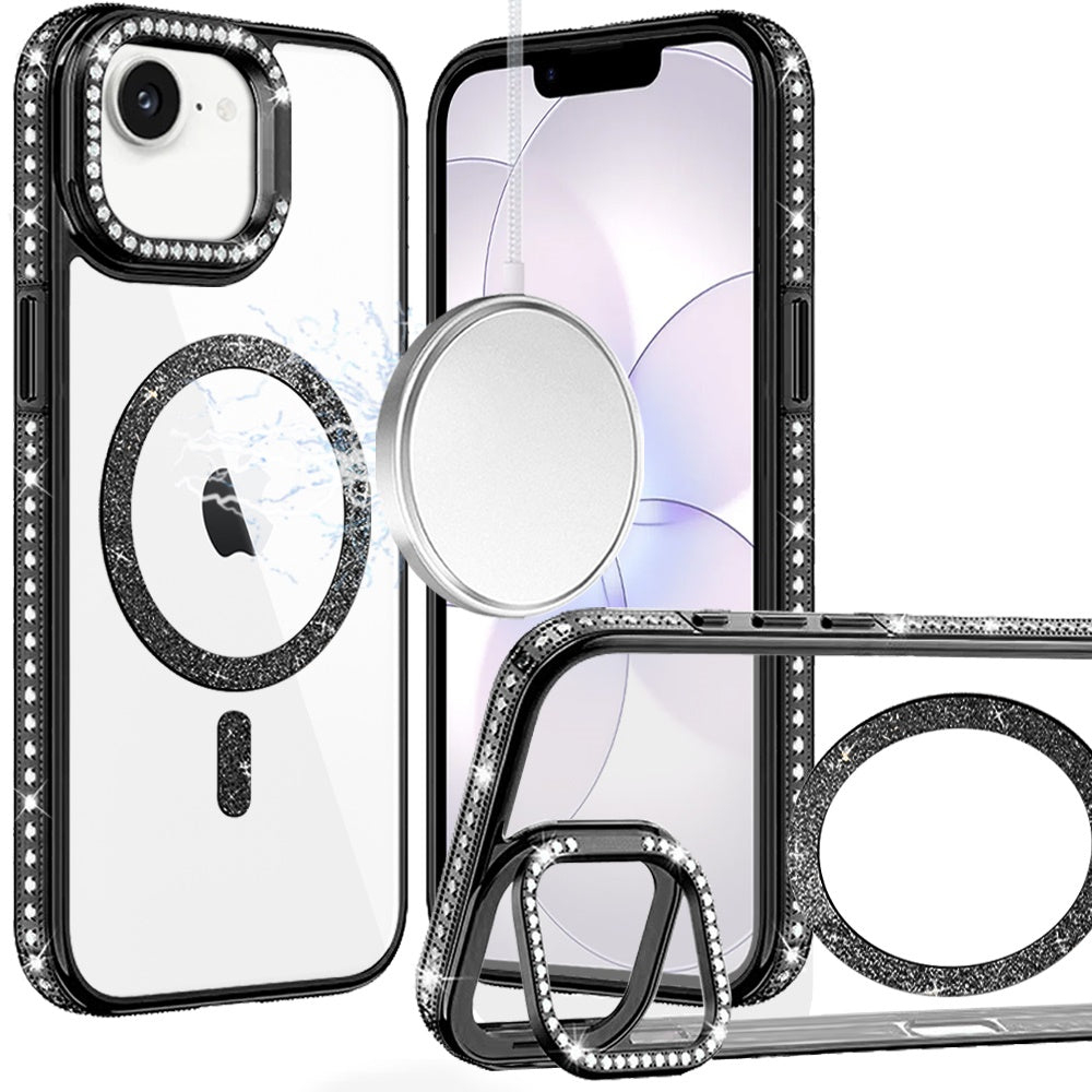 Phone Case for Apple iPhone 16E, Apple iPhone 17E Luxury Diamond Bling Edged Magnetic Glitter Shockproof Hybrid with Camera Kickstand Durable Grip Cover