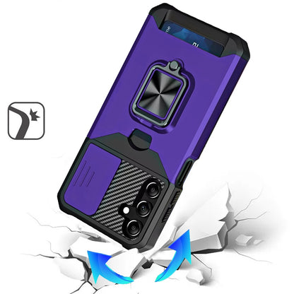 Wallet Case with Ring Stand & Slide Camera Cover Back Credit Card Slot Holder, Military Grade