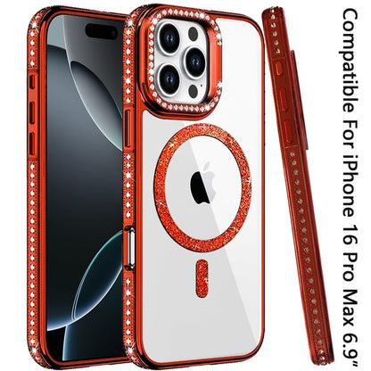 Phone Case for Apple iPhone 16 Pro Max Luxury Diamond Bling Edged Magnetic Glitter Shockproof Hybrid with Camera Kickstand Durable Grip Cover Orange