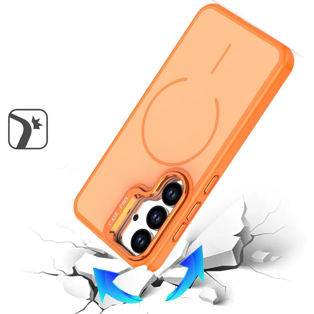 For Samsung Galaxy S26 Magnetic Matte Metal Camera Stand Hybrid Drop Protection Durable Shockproof Slim Fit Design Case Cover Cosmic Orange