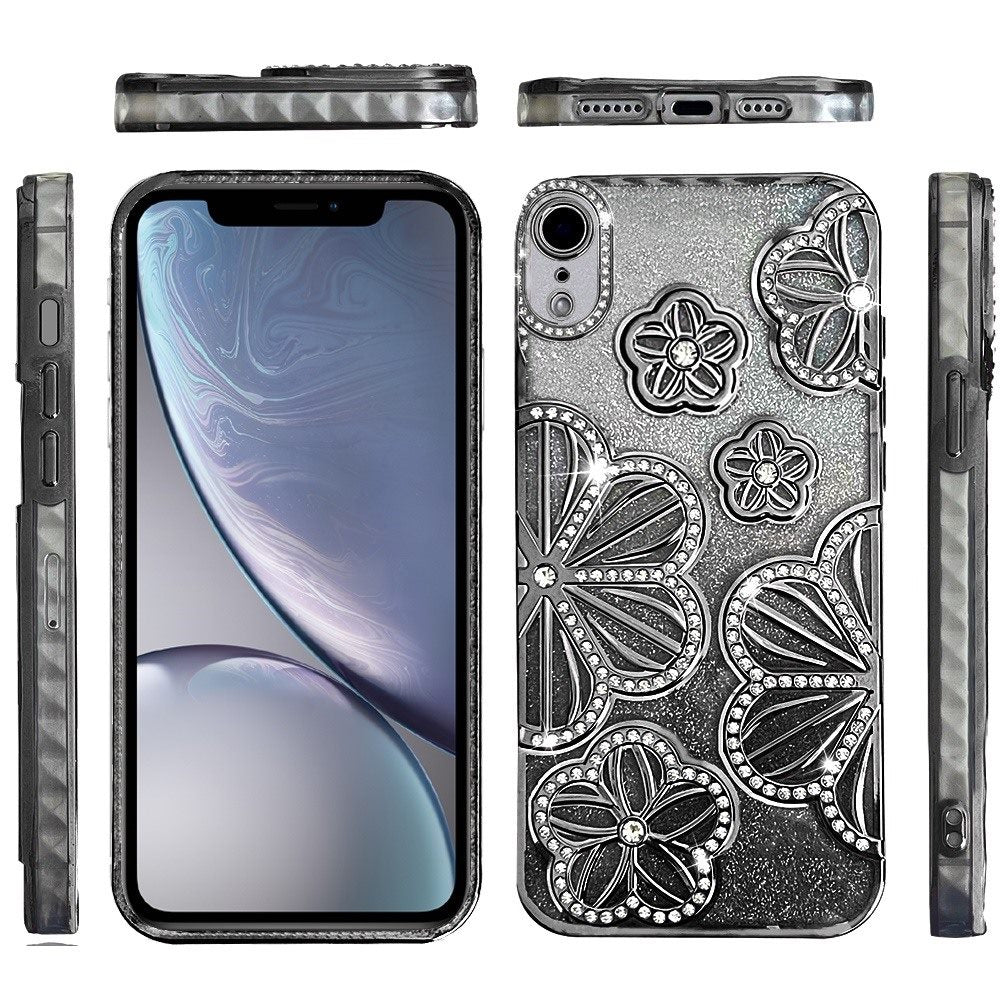 For iPhone XR Luxury Flower Design Sparkle Glitter Diamond Rhinestone Shimmer Bling Plating Thick TPU Hard PC Case Cover