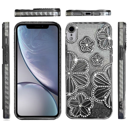 For iPhone XR Luxury Flower Design Sparkle Glitter Diamond Rhinestone Shimmer Bling Plating Thick TPU Hard PC Case Cover