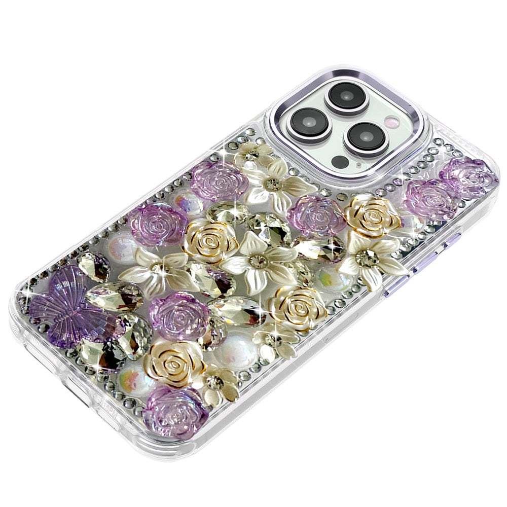 For Apple iPhone 15 Pro Max 3D Diamond Floral Roses Flower Bling Stone Hybrid, Sparkly Rhinestone Gemstone Back Shockproof Case Cover Green