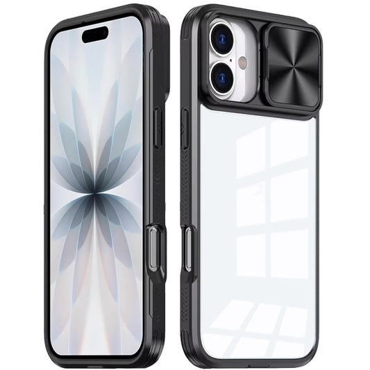 For Apple iPhone 17 (6.3") Hybrid Cases with Sliding Camera Cover Transparent Shockproof Bumper TPU Protective Case Cover Black