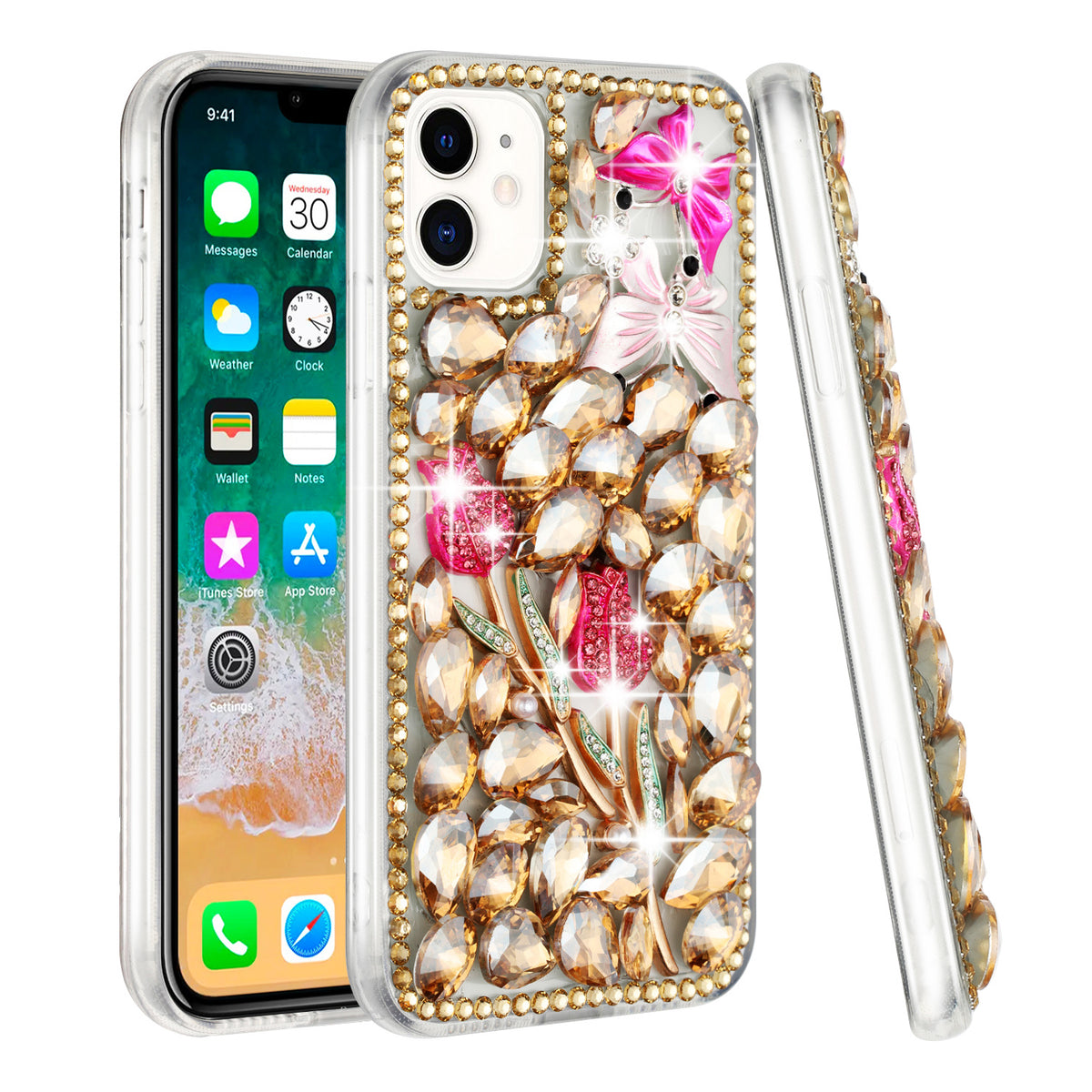 Phone Case for iPhone 15 Luxury Full Diamond Glitter 3D Floral Ornament Hybrid Shockproof Stylish Rhinestone Designer Protective Elegant Cover