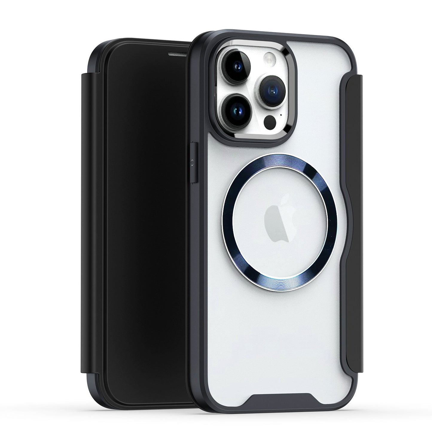 For Apple iPhone 16 (6.1") Flap Wallet Case Credit Card Slot, Clear TPU Back Hard [Magnetic Circle] Compatible with Magsafe Case Cover Black