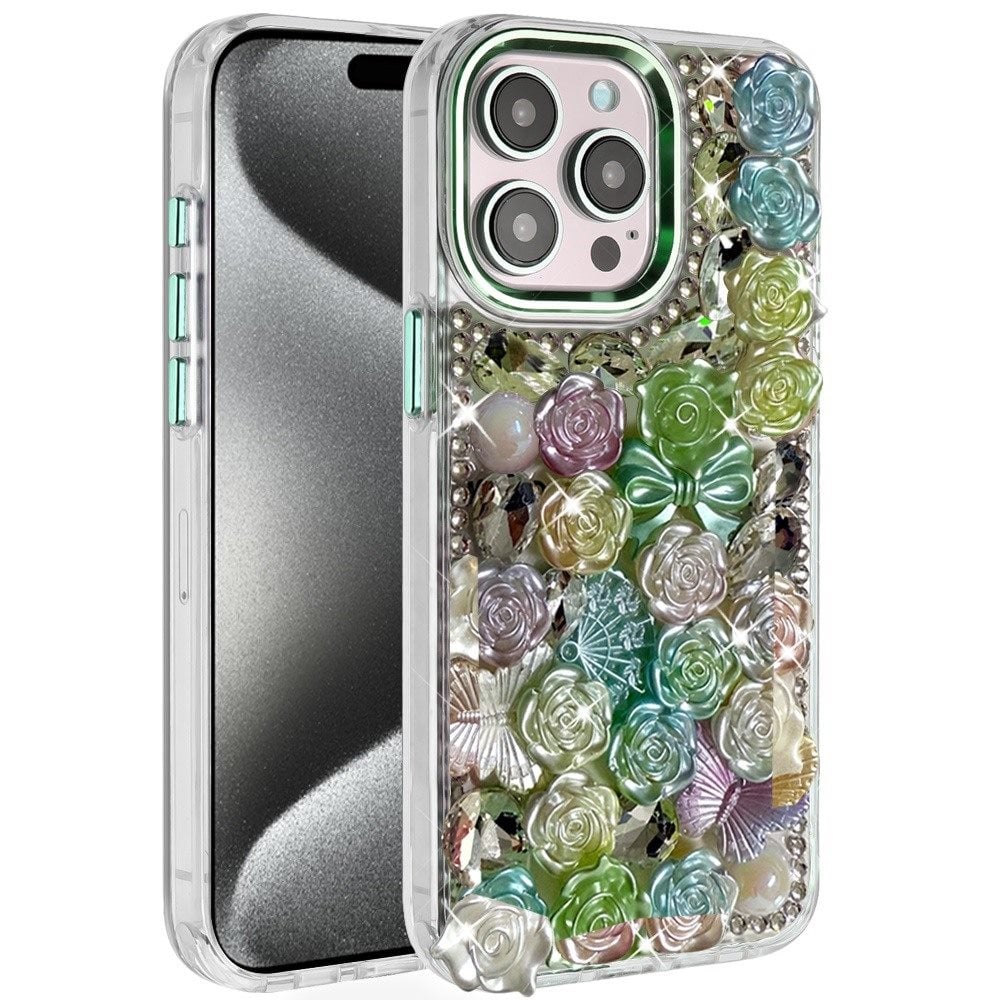 Phone Case for iPhone 15 Pro (6.1") 3D Flower Bling Rhinestone Glitter Cute Stylish Shockproof Protective Decorative Luxury Grip Stones Ornaments Cover