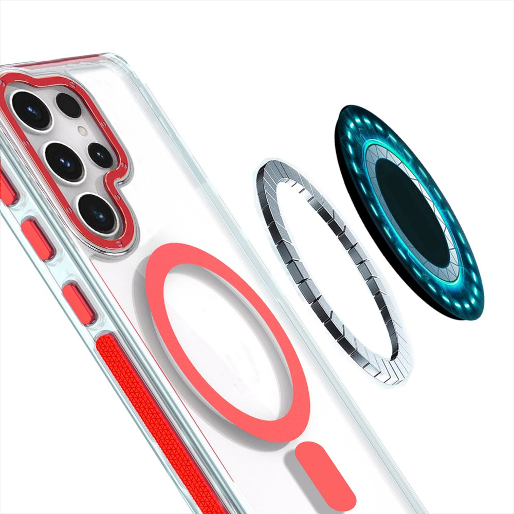 Phone Case for Samsung Galaxy S22 Ultra Strong Magnetic Back Clear Hybrid TPU Hard PC Shock Absorbing with Color Frame Grip Slim Fit Protector Cover Red