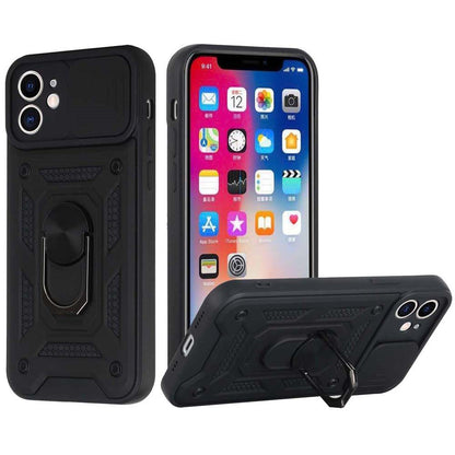 For Apple iPhone 11 Hybrid Case with Slide Camera Lens Cover, Ring Kickstand, Heavy-Duty Dual Layer TPU, Fit Magnet Car Mount Case Cover Black
