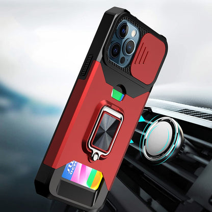 Phone Case for iPhone XR Card Holder Magnetic Ring Stand Shockproof Anti Slip Wallet Grip Protective Hybrid Design Cover Red