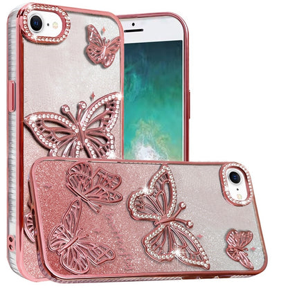 For Apple iPhone 17E /16E Luxury Butterfly Sparkle Glitter Diamond Crystal Rhinestone Shimmer Bling Plating Thick TPU Hard PC Case Cover Rose Gold