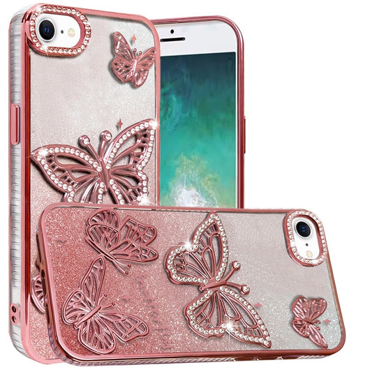 For Apple iPhone 17E /16E Luxury Butterfly Sparkle Glitter Diamond Crystal Rhinestone Shimmer Bling Plating Thick TPU Hard PC Case Cover Rose Gold