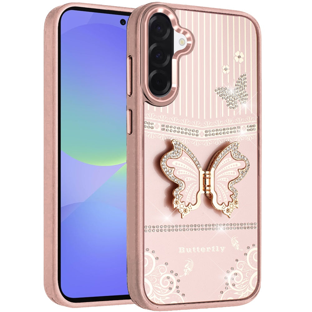For Samsung Galaxy A37 Glitter 3D Butterfly Design Bling Metallic Edge Hybrid Stand Drop Protection TPU Shockproof Case Cover