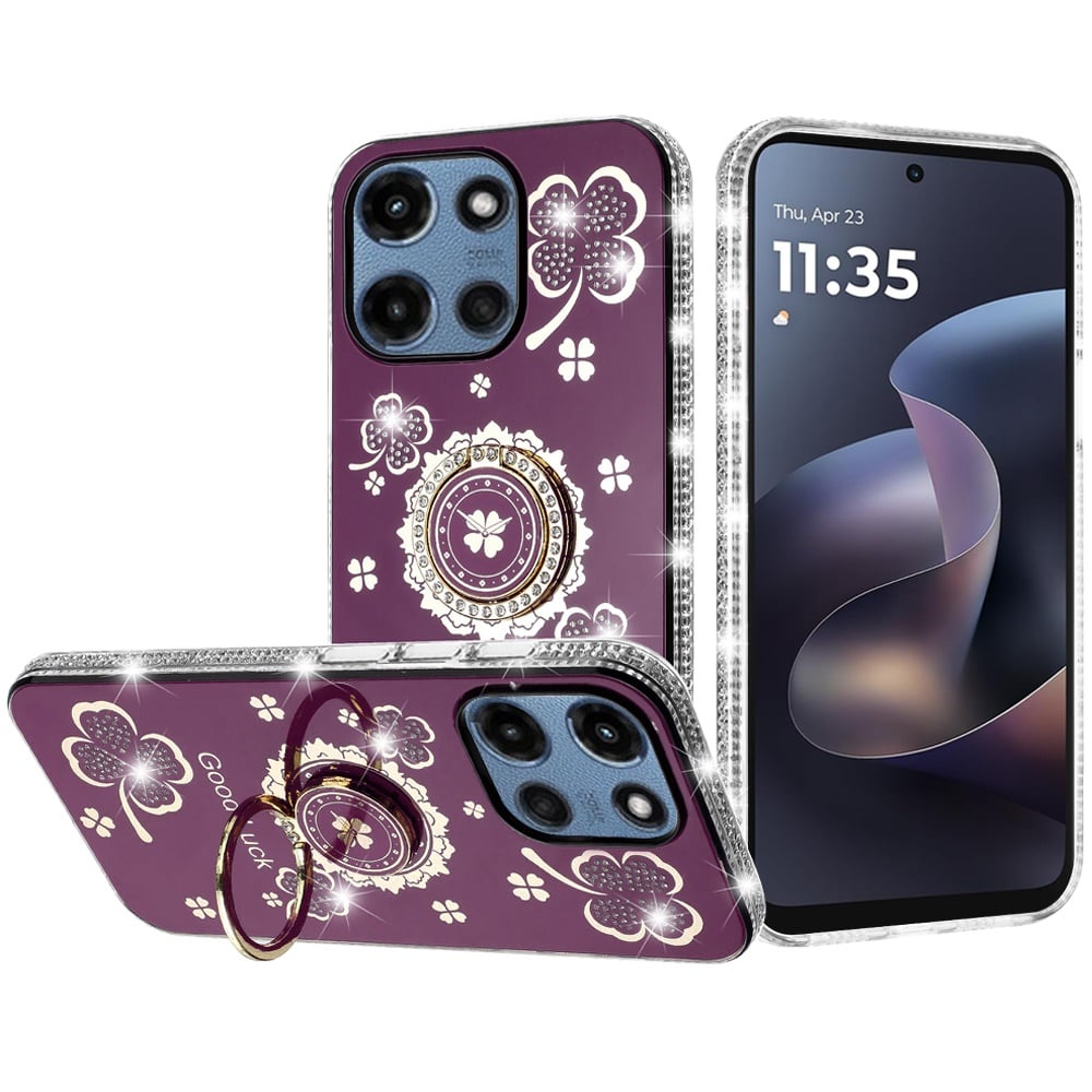 Phone Case for Motorola Moto G Play 5G 2026 Glitter Diamond Ring Stand Sparkle Rhinestone Edge AntiSlip Kickstand Luxury Fashion Bumper Shockproof Cover Purple