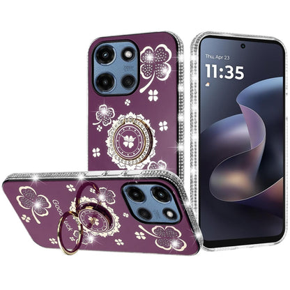 Phone Case for Motorola Moto G Play 5G 2026 Glitter Diamond Ring Stand Sparkle Rhinestone Edge AntiSlip Kickstand Luxury Fashion Bumper Shockproof Cover Purple