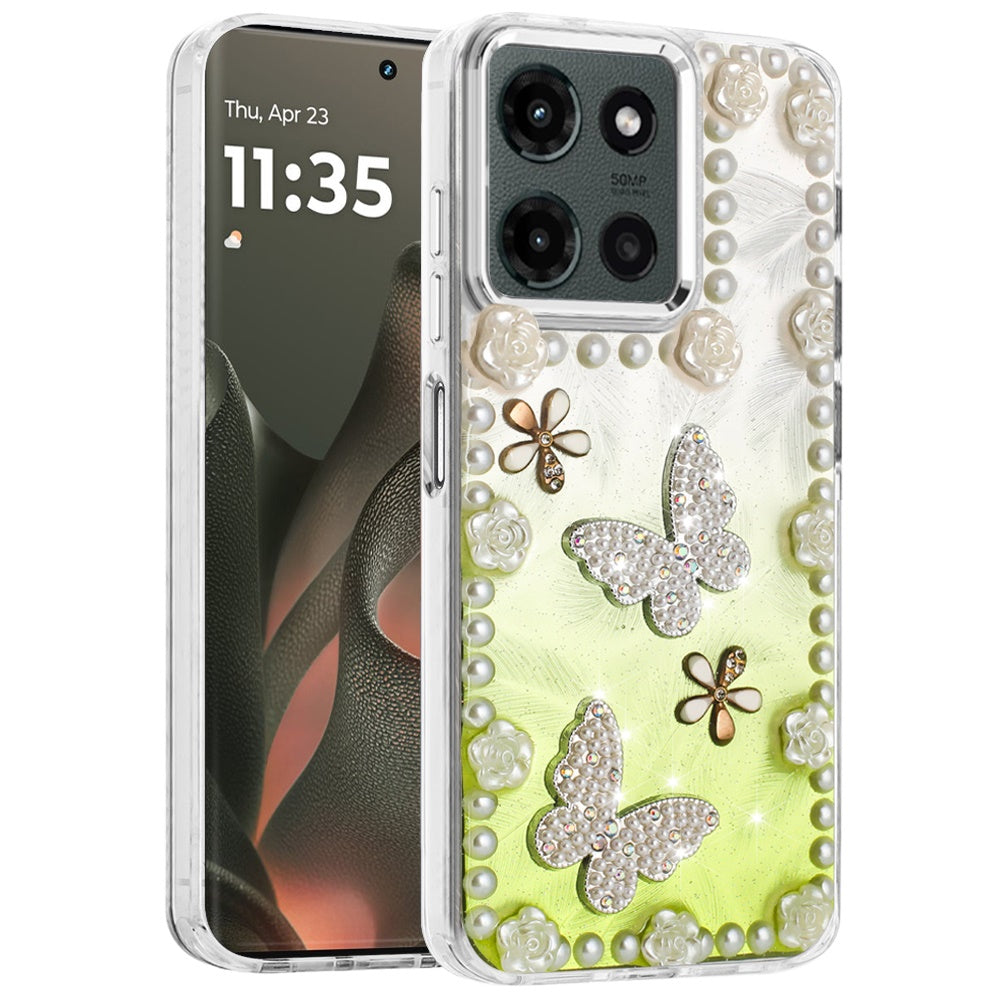 For Motorola Moto G 5G 2025 Bling Fashion Design with 3D Pearls Epoxy Glitter Ornaments Chrome Edge Hard Slim PC Case Cover