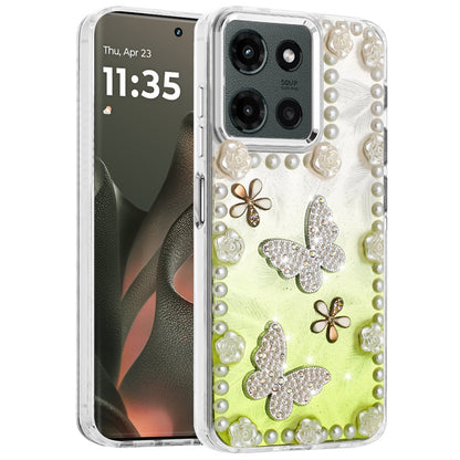 For Motorola Moto G 5G 2025 Bling Fashion Design with 3D Pearls Epoxy Glitter Ornaments Chrome Edge Hard Slim PC Case Cover