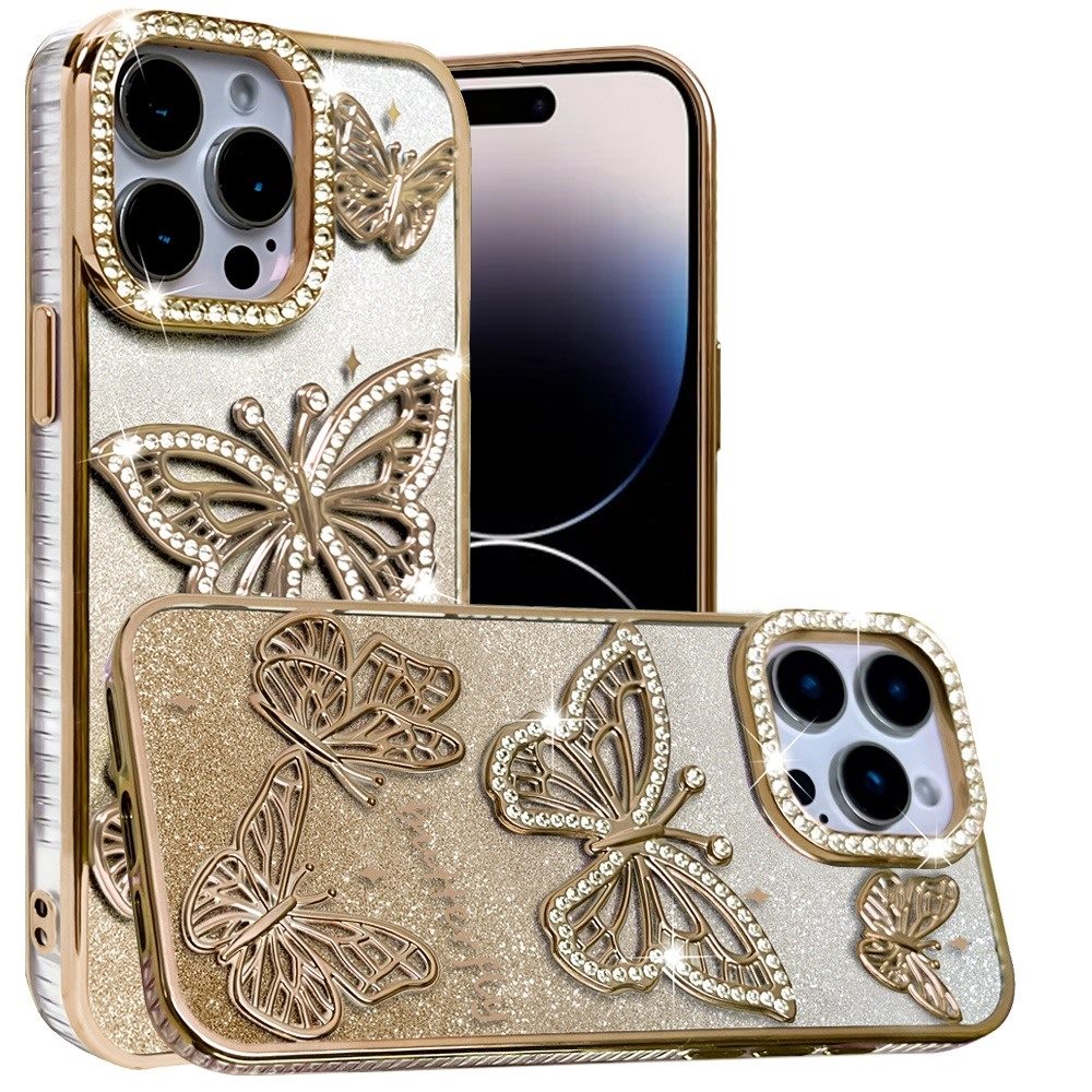 For iPhone 14 Pro Max (6.7") Luxury Butterfly Sparkle Glitter Diamond Crystal Rhinestone Shimmer Bling Plating Thick TPU Hard PC Case Cover