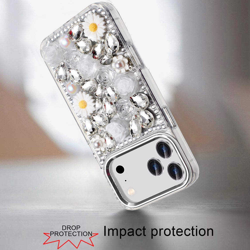 For Apple iPhone 17 Pro (6.3") Fashion Daisy Floral Series, Full 3D Bling Crystal Diamonds Sparkling Rhinestone Glitter Hybrid Design Case Cover