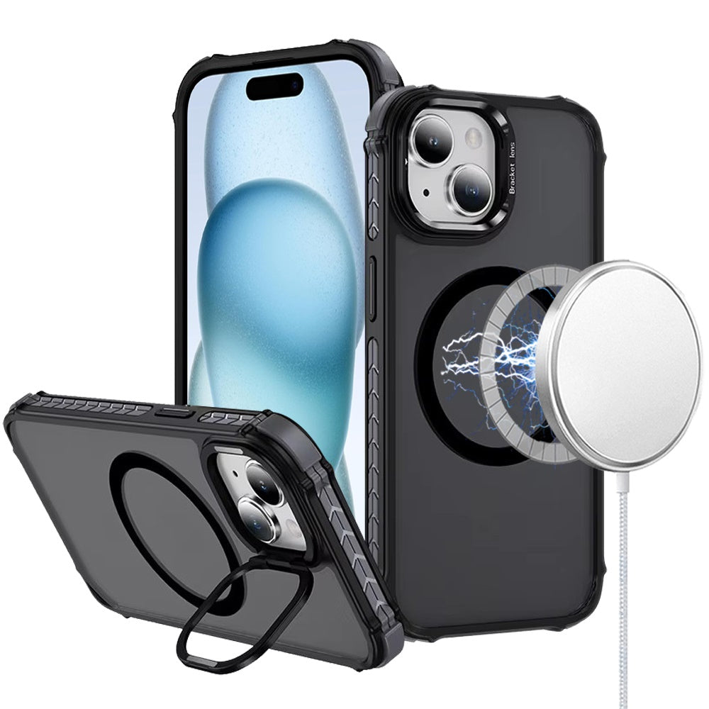 For Apple iPhone 16 Plus (6.7") Hybrid Metal Camera Stand Ring Sturdy, Compatible with MagSafe, Matte Hard TPU Colorful Edge Case Cover