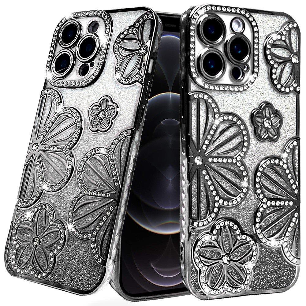 For Apple iPhone 17E /16E Luxury Flower Design Sparkle Glitter Diamond Rhinestone Shimmer Bling Plating Thick TPU Hard PC Case Cover