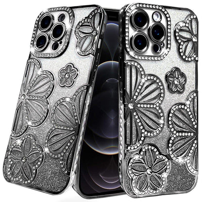 For Apple iPhone 17E /16E Luxury Flower Design Sparkle Glitter Diamond Rhinestone Shimmer Bling Plating Thick TPU Hard PC Case Cover