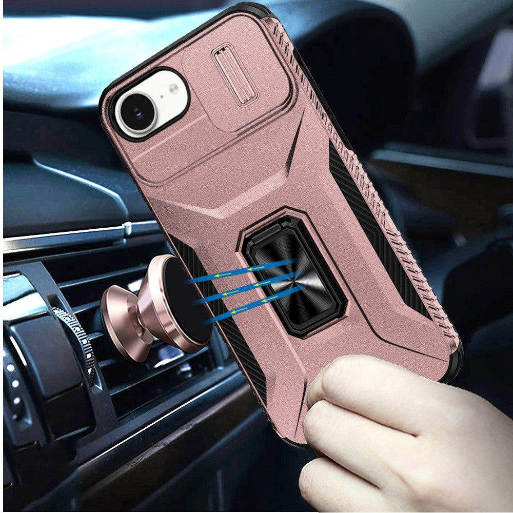 For Motorola Moto G 5G 2025 Case, Camera Cover with Magnetic Rotation Ring Stand, Military Grade Hybrid Hard TPU Shockproof Case Cover Rose Gold