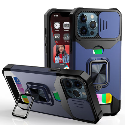 Phone Case for Apple iPhone 14 Pro Max Card Holder Magnetic Ring Stand Shockproof Anti Slip Wallet Grip Protective Hybrid Design Cover Blue