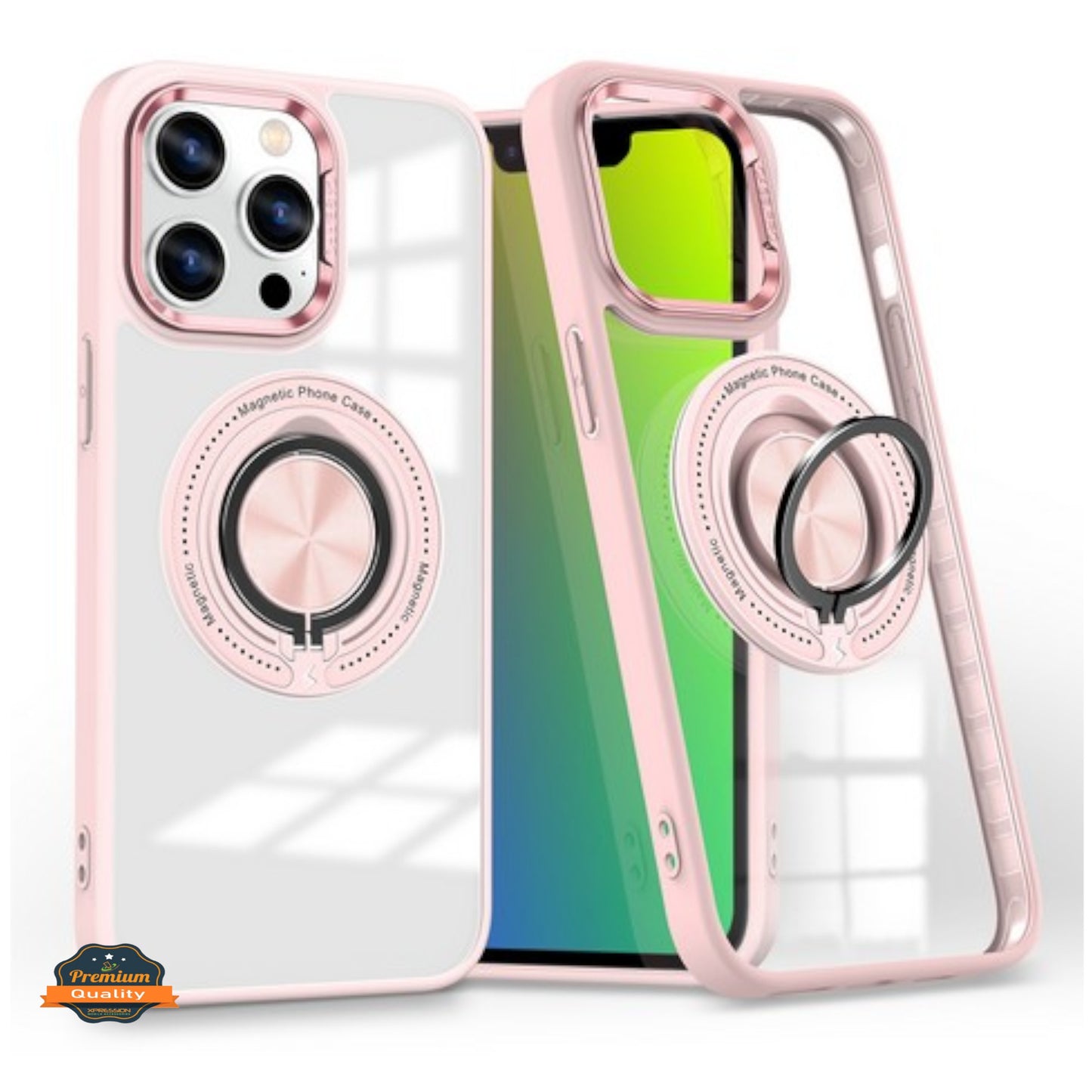 For Apple iPhone 16 Pro (6.3") Clear Transparent Back Hybrid with Rotate Ring Stand & MagSafe Compatible Shockproof Slim TPU PC Case Cover