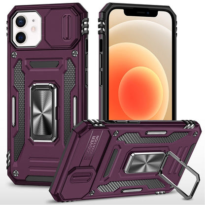 Phone Case for Apple iPhone 12 /12 Pro Tough Metal Ring Shockproof Sliding Camera Window Hybrid Armor Rugged Anti Slip Heavy Duty Grip Cover Purple