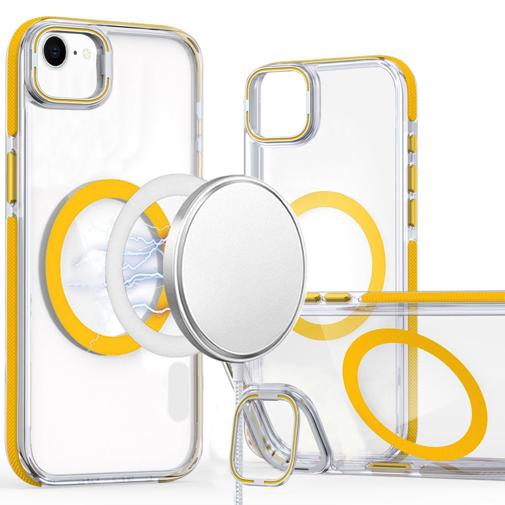 For Apple iPhone 16e Hybrid Clear Back Case with Invisible Camera Bracket Stand, MagSafe Magnetic Circle, Shockproof Color Frame Case Cover