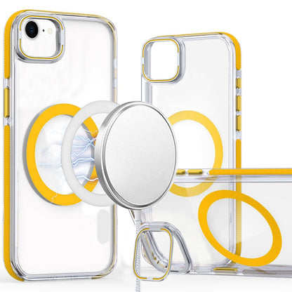 For Apple iPhone 16e Hybrid Clear Back Case with Invisible Camera Bracket Stand, MagSafe Magnetic Circle, Shockproof Color Frame Case Cover