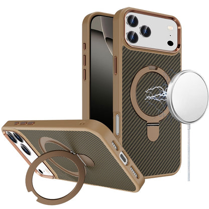 For Apple iPhone 17 Pro Max (6.9") Hybrid Carbon Fiber Design with MagSafe Compatible [Magnetic Circle], Ring Stand Shockproof Slim TPU Case Cover Black