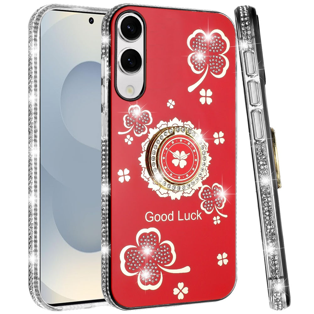 For Samsung Galaxy S25 EDGE Diamonds Bling All Around Edges Sparkly Glitter Hybrid with Ring Stand Holder Fashion Good Luck Case Cover