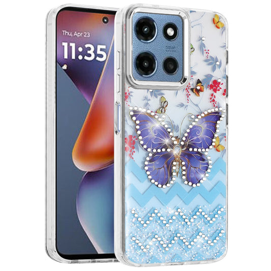 For Motorola Moto G 5G 2026/2025 Butterfly Resin Epoxy Diamond Design Metal Edged Hybrid Shockproof Heavy Duty Drop Protection Case Cover