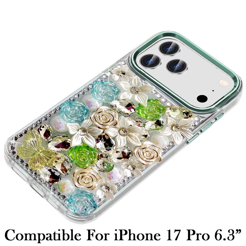 Phone Case for Apple iPhone 17 Pro Luxury Rose Bling Rhinestone Glitter Floral Hybrid Shockproof Stylish Protective Designer Ornament Sparkle Cover