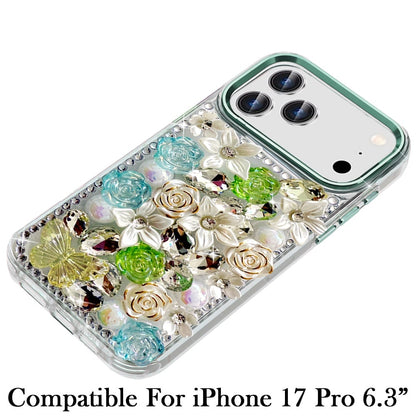 Phone Case for Apple iPhone 17 Pro Luxury Rose Bling Rhinestone Glitter Floral Hybrid Shockproof Stylish Protective Designer Ornament Sparkle Cover