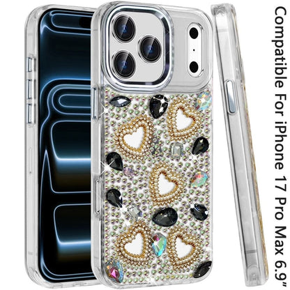 Phone Case for Apple iPhone 17 Pro Max Luxury Crystal Heart Rhinestone Diamond Bling Shockproof Hybrid Glitter Protective Stylish Durable Grip Cover