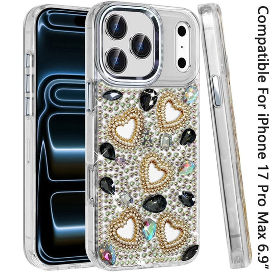Phone Case for Apple iPhone 17 Pro Max Luxury Crystal Heart Rhinestone Diamond Bling Shockproof Hybrid Glitter Protective Stylish Durable Grip Cover