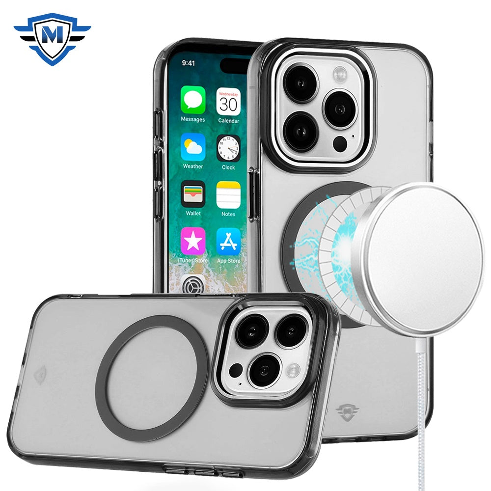 For Apple iPhone 16 Pro Max (6.9") Transparent Hybrid Circle Ring Magnetic Compatible with MagSafe Color Frame Metal Buttons Case Cover