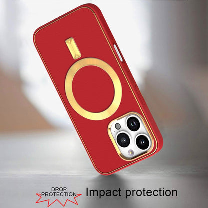 For Apple iPhone 16 Pro Max (6.9") PU Leather Magnetic Case Slim Protective Cover with MagSafe Compatibility Hard PC Gold Frame Protection Case Cover
