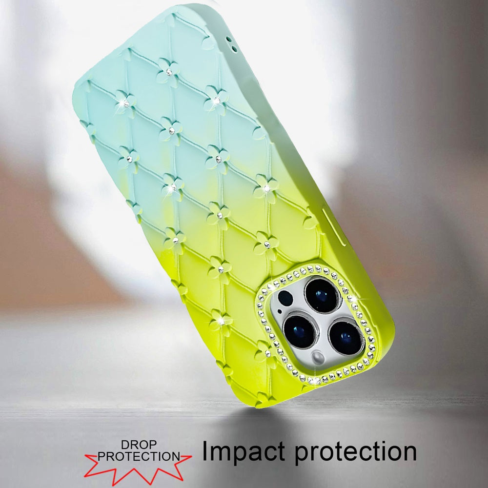 For Apple iPhone 16 (6.1") Fashion Flower Design Sparkle Glitter Shimmer Rhinestone Bling Leather Feel Thick TPU Rubber Hard PC Case Cover
