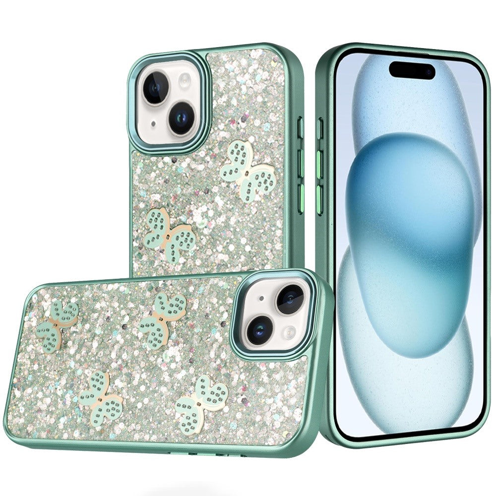 For iPhone 15 (6.1") Cute Butterfly Crystal Diamond Glitter Case Sparkle Bling Frame Metallic Edges, Shimmer TPU Hybrid Case Cover