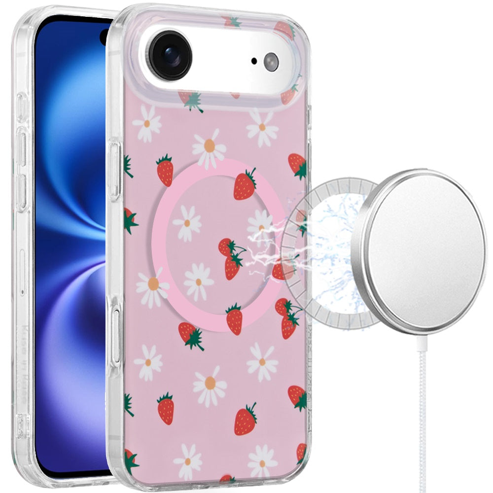 For Apple iPhone 17 Pro Stylish Pattern Fashion IMD Printed Design TPU Double Layer Slim Shockproof with Magnetic Back Case Cover Strawberry Daisy