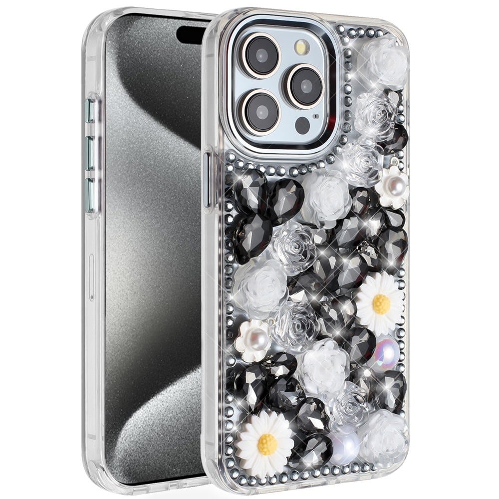 For Apple iPhone 15 Pro Max Fashion Daisy Floral Series, Full 3D Bling Crystal Diamonds Sparkling Rhinestone Glitter Hybrid Design Case Cover Gold