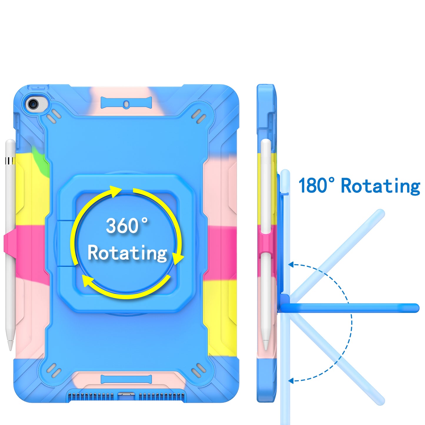 For Tough Hybrid 3 in 1 Case with 180° Rotating Kickstand, Adjustable Shoulder Strap, Shockproof TPU Rubber PC Rainbow /Blue Tablet Case Cover