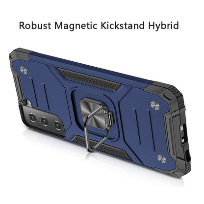 For Samsung Galaxy S21 FE /Fan Edition Armor Hybrid Magnetic Stand with Ring Holder Kickstand Shockproof Heavy-Duty Durable Rugged TPU Dual Layer Case Cover Blue