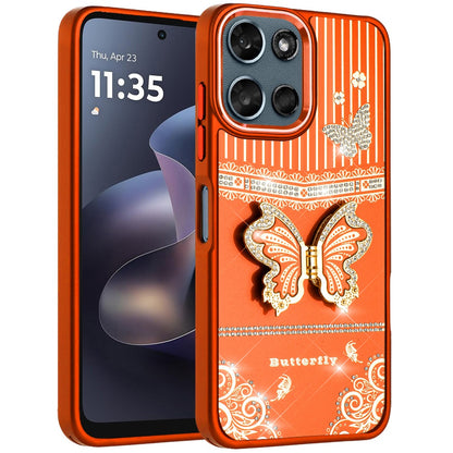 For Motorola Moto G Play 5G 2026 Glitter 3D Butterfly Design Bling Metallic Edge Hybrid Stand Drop Protection TPU Shockproof Case Cover Cosmic Orange