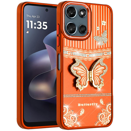 For Motorola Moto G Play 5G 2026 Glitter 3D Butterfly Design Bling Metallic Edge Hybrid Stand Drop Protection TPU Shockproof Case Cover Cosmic Orange