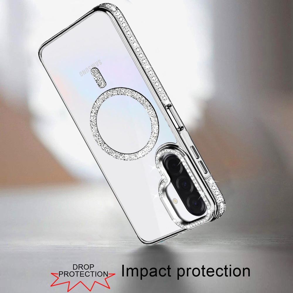 Phone Case for Galaxy A17 5G Luxury Diamond Bling Edged Magnetic Glitter Shockproof Hybrid with Camera Kickstand Durable Grip Cover Silver